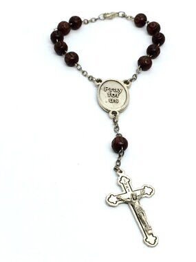 VINTAGE ROSARY BRACELET Wood Bead Italy Cross Medal Catholic Prayer